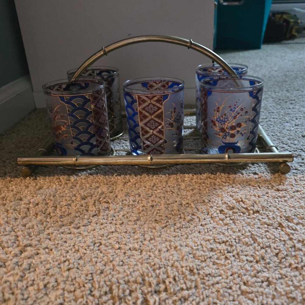 Decorative Glassware Set of 5 with Gold Metal Caddy – Lightly Used – Incomplete